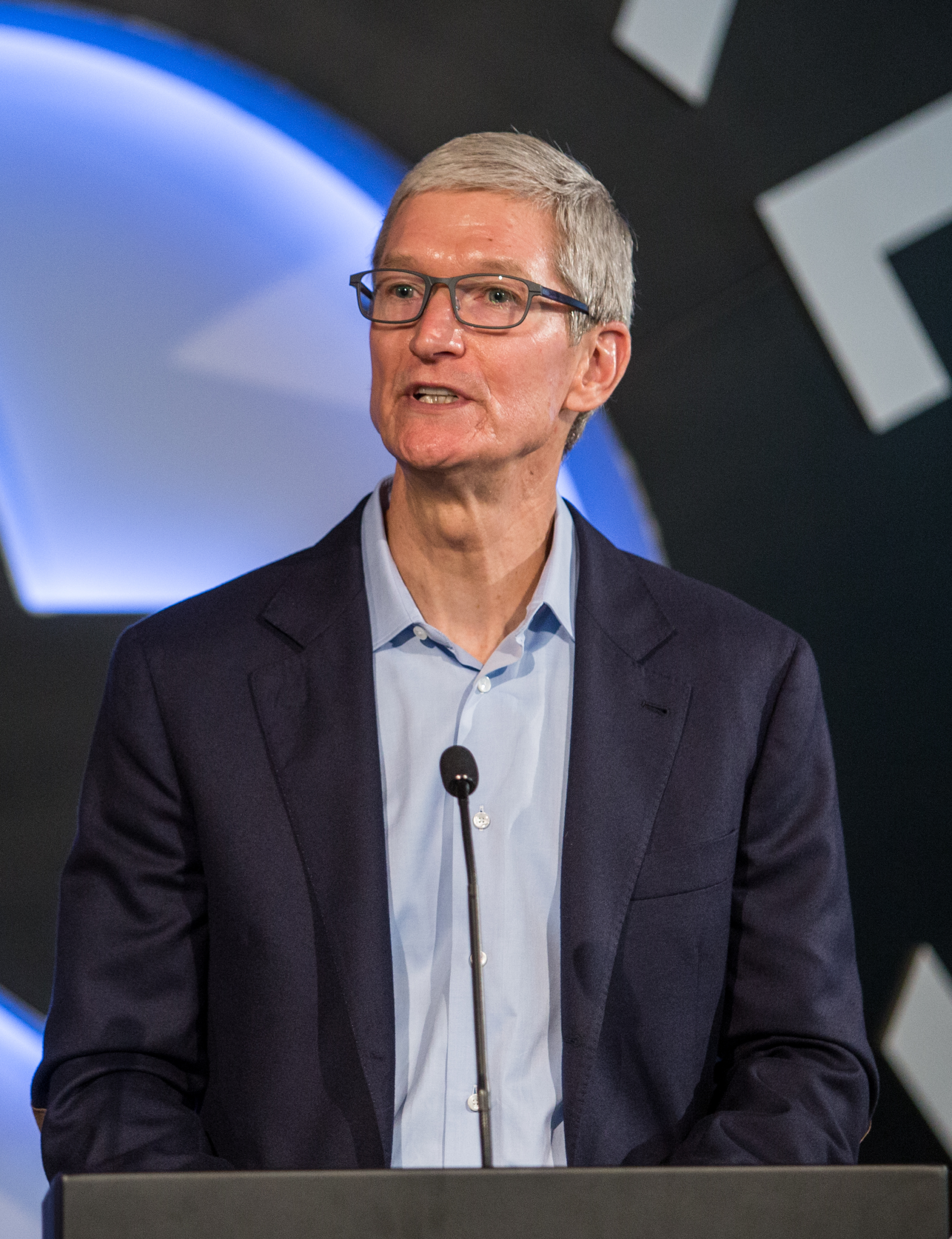 Tim Cook speaking at an Austin Community College event in 2017