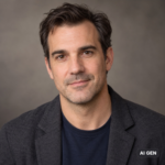 AI-generated illustrative portrait of Paul Schneider with an AI GEN badge